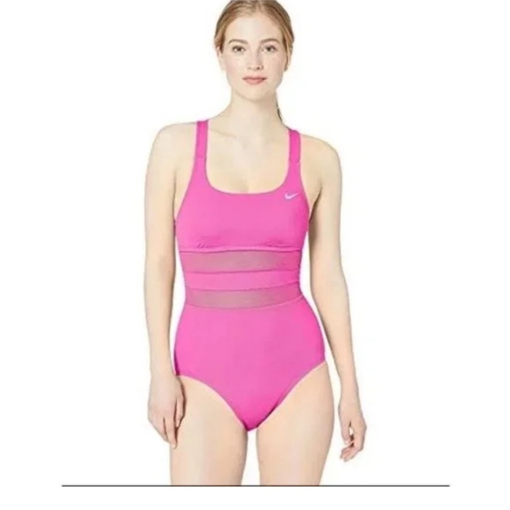 Women’s Nike Standard Mesh Solid Edge V-Back One Piece Swimsuit Pink Large NWOT